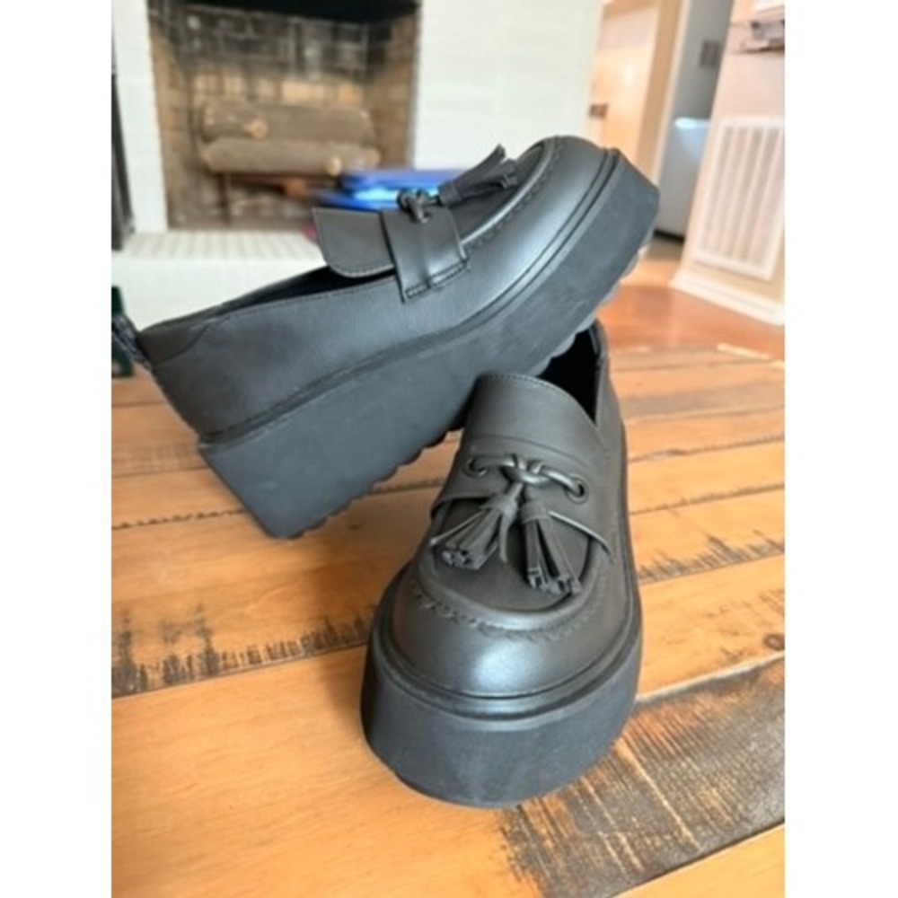 New Rocket Dog Womens‎ Black Leather Tassel Platform Loafers Shoes US 8